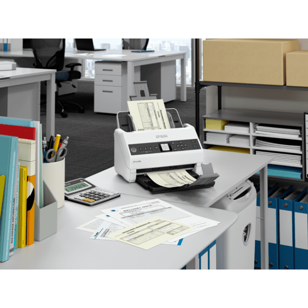 Epson DS 730N Color Document Scanner in White on a Work Desk